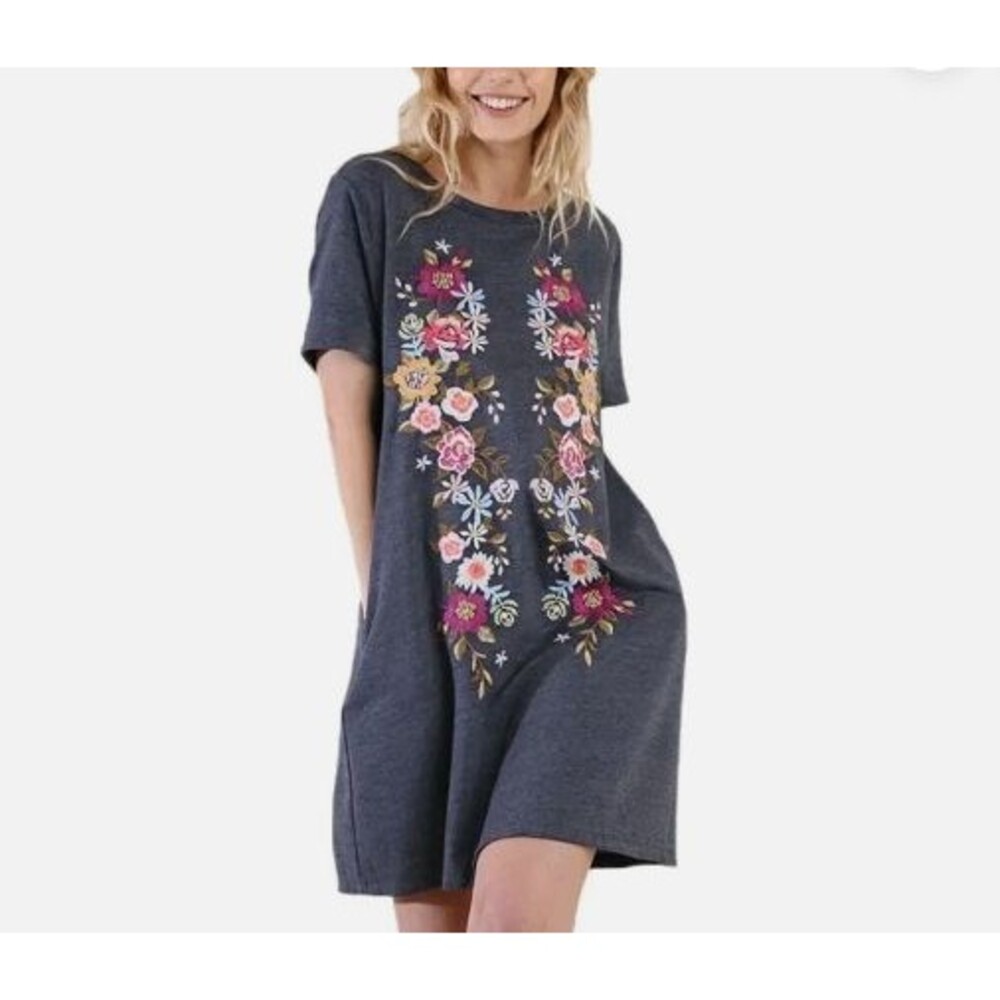 UMGEE Floral Embroidered T-shirt Tunic Mini Shift Dress Small Pockets Blue Boho
